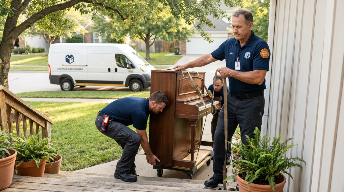 Licensed piano movers securing grand piano in Cabin John, MD
