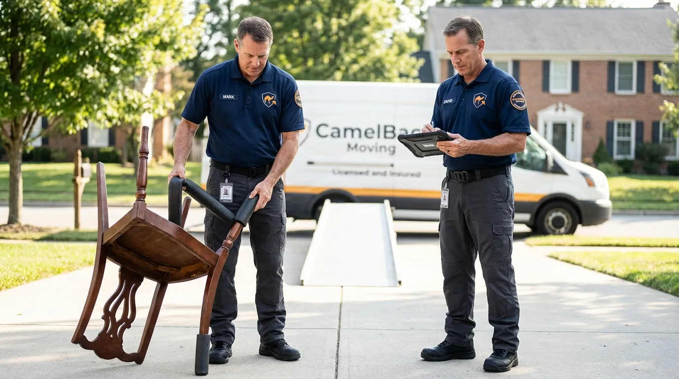 Movers inspecting furniture for damage prevention before loading in Cabin John, MD
