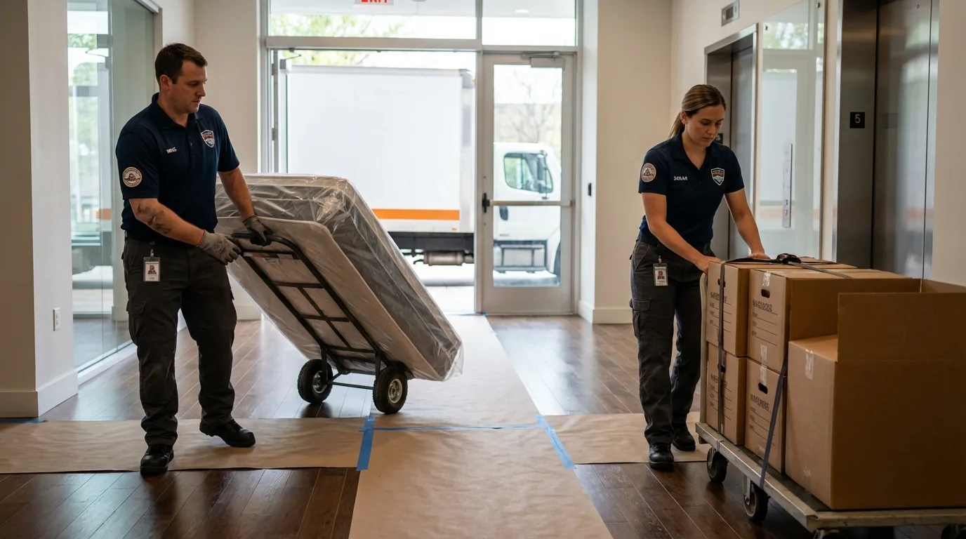 Professional apartment movers loading elevator in Cabin John, MD