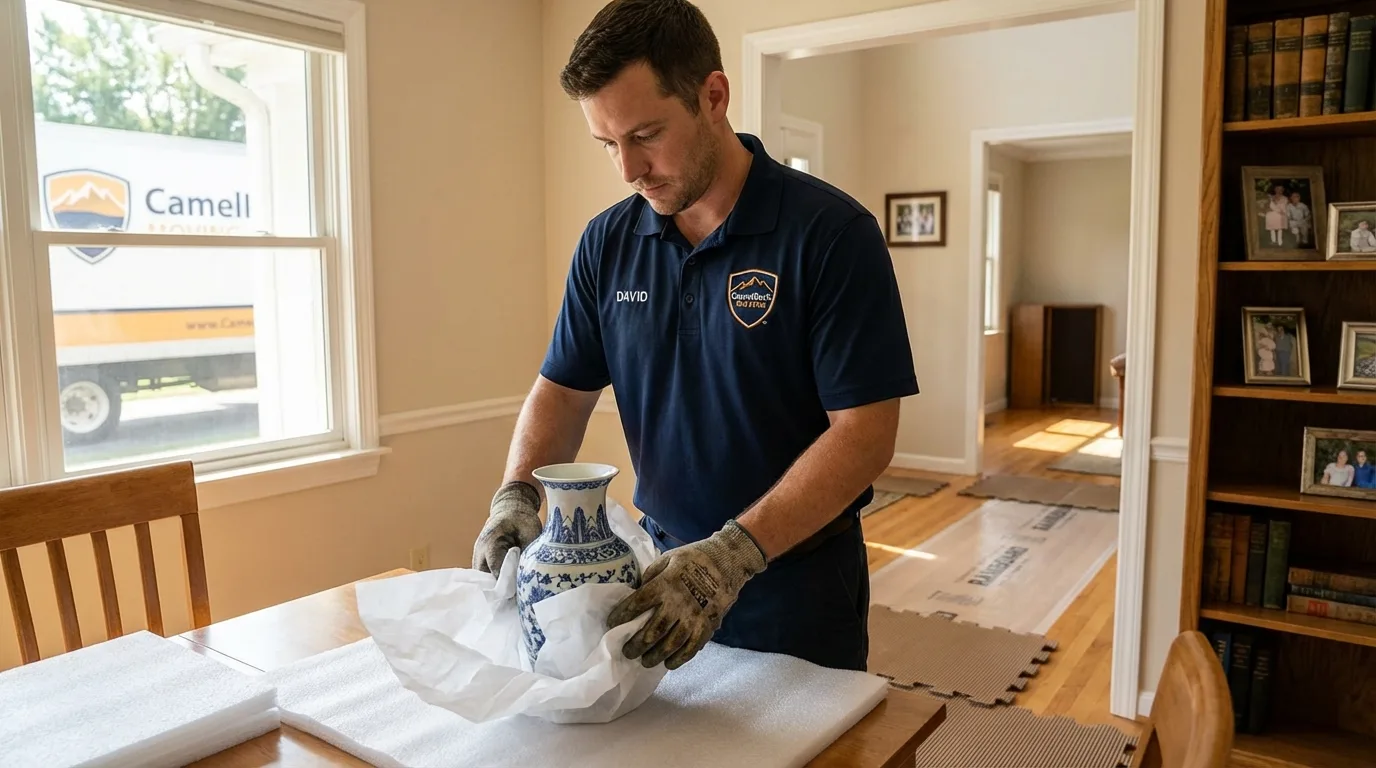 Professional crew carefully wrapping antique vase for senior downsizing move in Cabin John, MD
